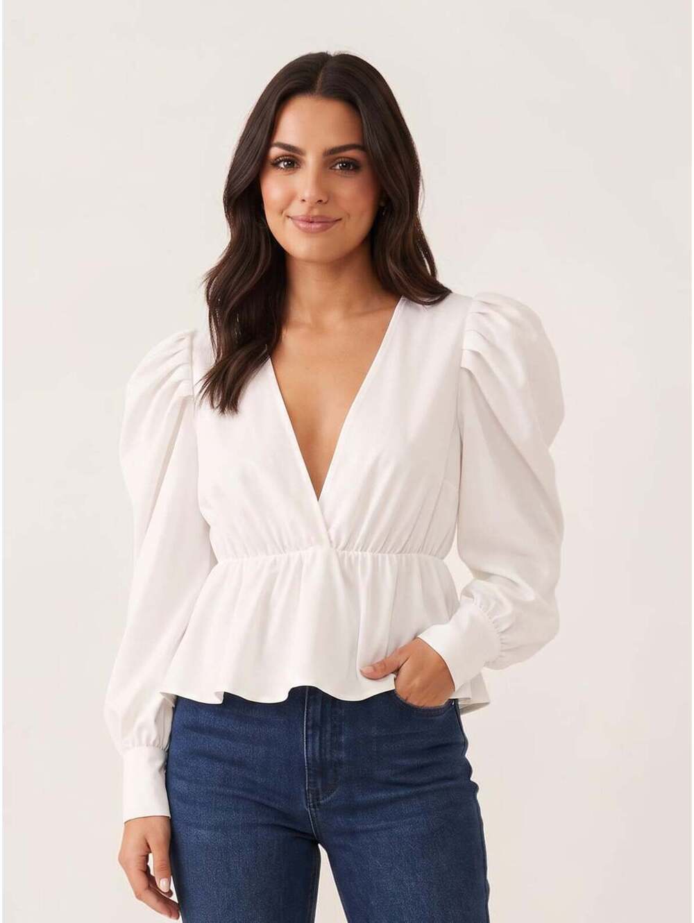 Missguided White Puff Sleeve Peplum Blouse Size UK 10